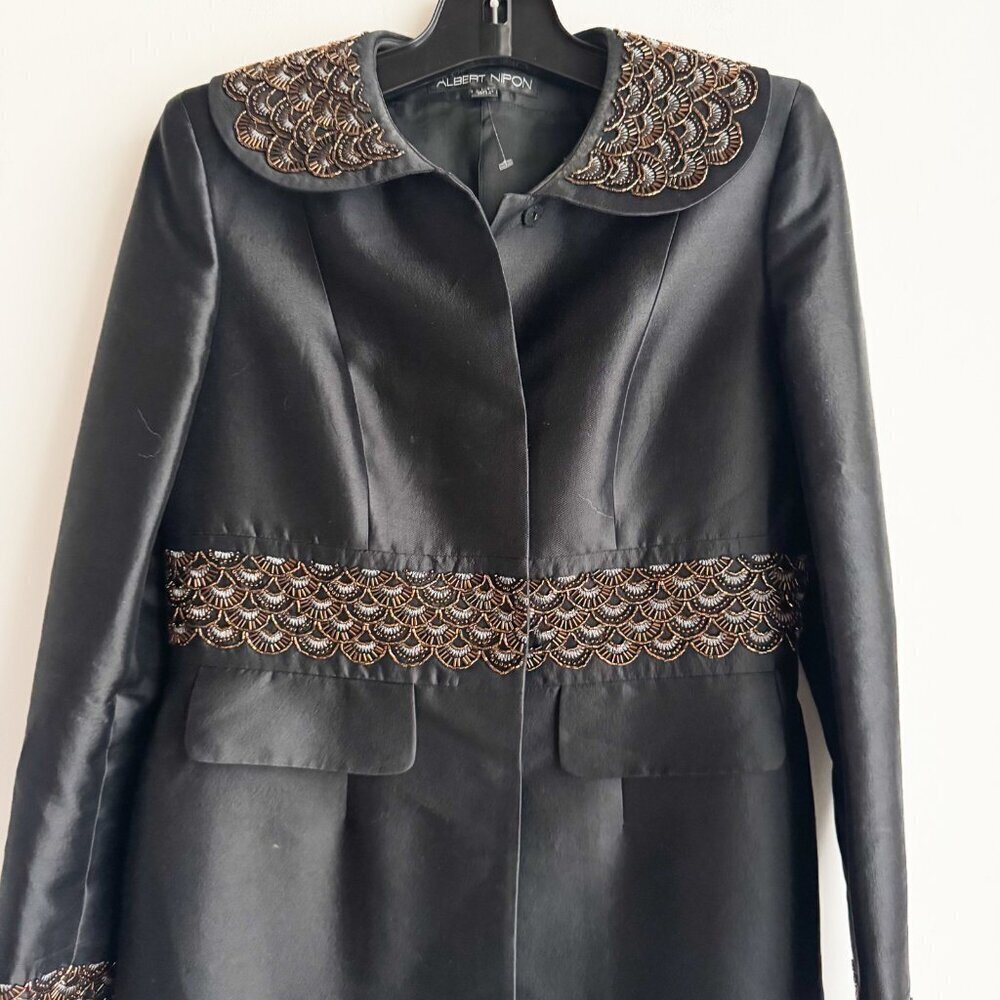 Albert Nipon Wool Silk Blend Beaded Detail Knee Lenght Evening Jacket 4 - Picture 2 of 8